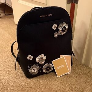 Michael Kors Black Floral Appliqué Backpack with Silver Accents